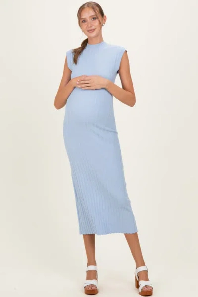 Pinkblush Ribbed Knit Mock Neck Maxi Dress In Blue