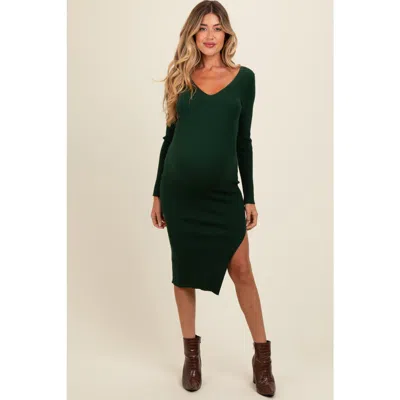 Pinkblush Ribbed Knit Side Slit Midi Dress In Green