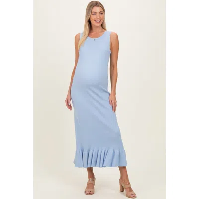Pinkblush Ribbed Knit Sleeveless Ruffle Hem Maxi Dress In Blue