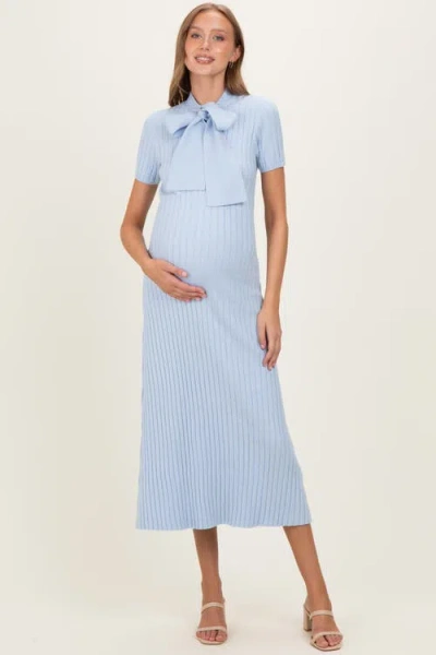 Pinkblush Ribbed Knit Tie Neck Midi Dress In Black