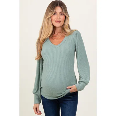 Pinkblush Ribbed Knit V-neck Button Cuff Top In Green