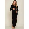 Pinkblush Ribbed Long Sleeve Side Slit Maxi Dress In Black