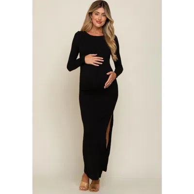 Pinkblush Ribbed Long Sleeve Side Slit Maxi Dress In Black