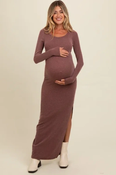 Pinkblush Ribbed Long Sleeve Side Slit Maxi Dress In Burgundy