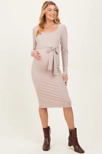 Pinkblush Ribbed Long Sleeve Square Neck Tie Belt Midi Dress In Beige