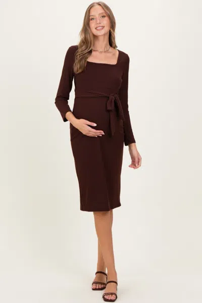 Pinkblush Ribbed Long Sleeve Square Neck Tie Belt Midi Dress In Burgundy