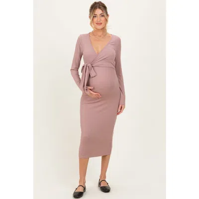 Pinkblush Ribbed Long Sleeve Wrap Dress In Beige