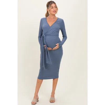 Pinkblush Ribbed Long Sleeve Wrap Dress In Blue