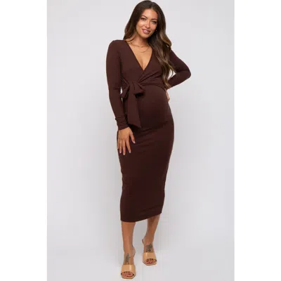 Pinkblush Ribbed Long Sleeve Wrap Dress In Brown