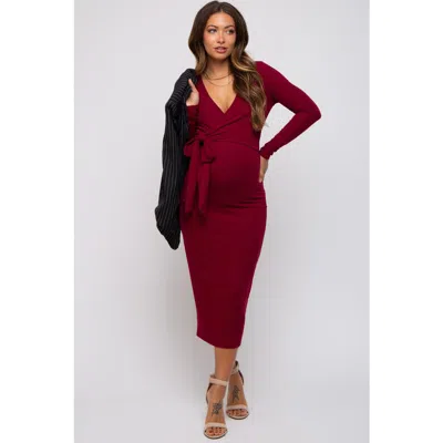 Pinkblush Ribbed Long Sleeve Wrap Dress In Burgundy
