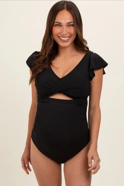 Pinkblush Ribbed Ruched Cutout Flutter One Piece Maternity Swimsuit In Black