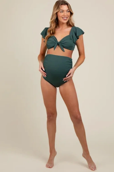 Pinkblush Ribbed Ruffle Shoulder Front Tie High Waist Two-piece Swimsuit In Green