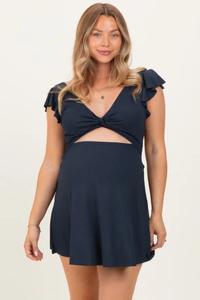 Pinkblush Ribbed Ruffle Twist Front Swim Dress In Blue