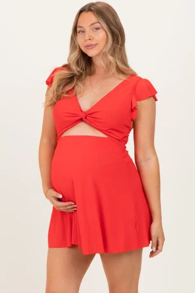 Pinkblush Ribbed Ruffle Twist Front Swim Dress In Red