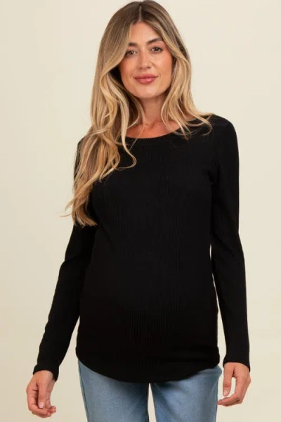 Pinkblush Ribbed Scoop Neck Long Sleeve Top In Black