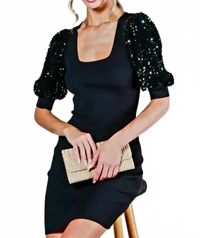 Pinkblush Ribbed Sequin Puff Sleeve Mini Dress In Black