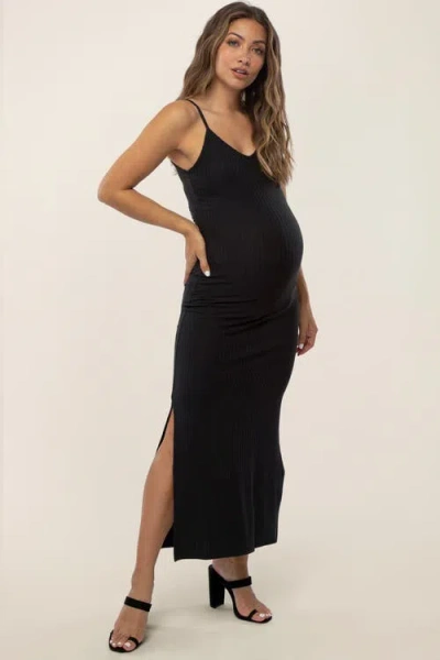Pinkblush Ribbed Side Slit Maxi Dress In Black