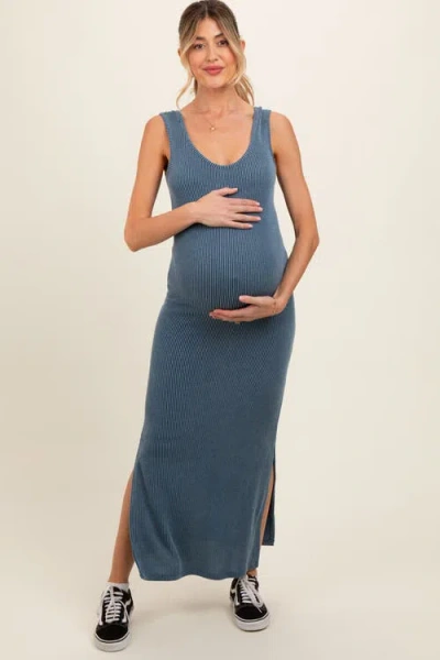 Pinkblush Ribbed Side Slit Maxi Dress In Blue
