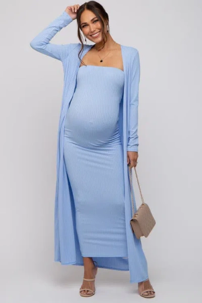 Pinkblush Ribbed Sleeveless Dress Cardigan Set In Blue
