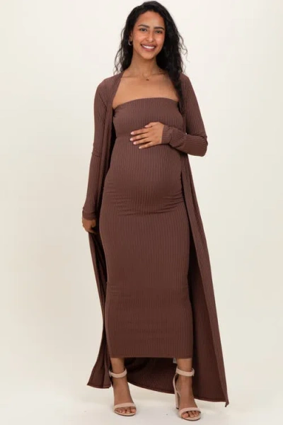 Pinkblush Ribbed Sleeveless Dress Cardigan Set In Brown
