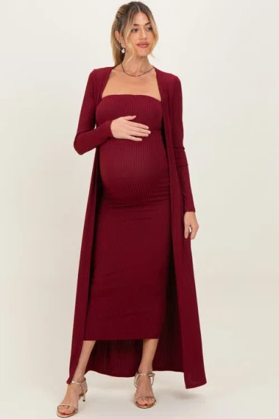 Pinkblush Ribbed Sleeveless Dress Cardigan Set In Burgundy