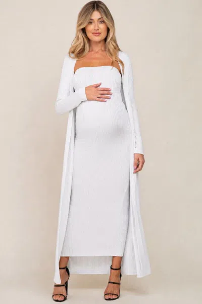Pinkblush Ribbed Sleeveless Dress Cardigan Set In Ivory