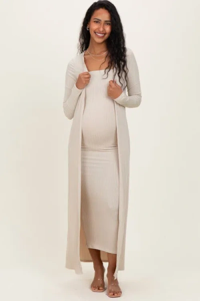 Pinkblush Ribbed Sleeveless Dress Cardigan Set In Neutral