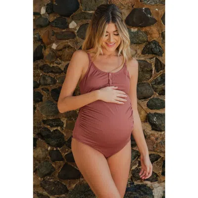 Pinkblush Ribbed Snap Front One-piece Maternity Swimsuit In Brown