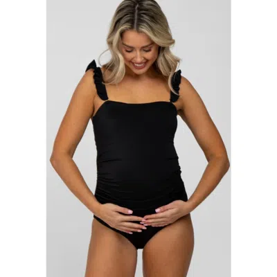 Pinkblush Ribbed Square Neck Ruffle Strap One Piece Maternity Swimsuit In Black