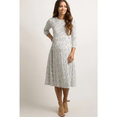 Pinkblush Ribbed Striped Pleated Midi Dress In White