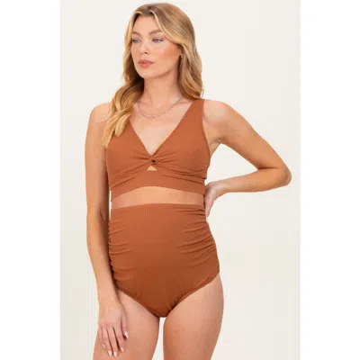 Pinkblush Ribbed Twist Front Cutout Two Piece Maternity Swimsuit In Brown