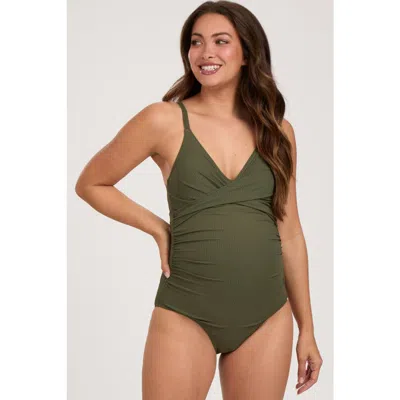 Pinkblush Ribbed V-neck Ruched Back Cut-out One Piece Swimsuit In Green