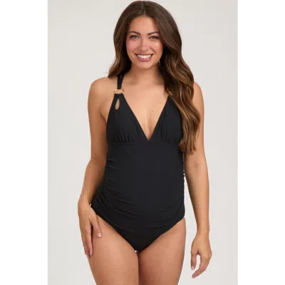 Pinkblush Ribbed V-neck Ruched Criss Cross Low Back One Piece Swimsuit In Black