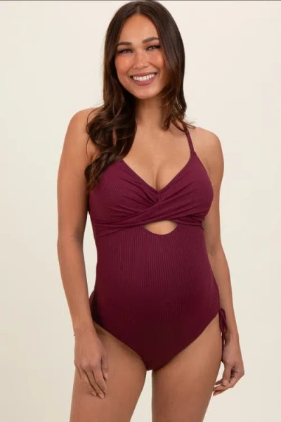 Pinkblush Ribbed Wrap Front Drawstring Side One-piece Swimsuit In Burgundy