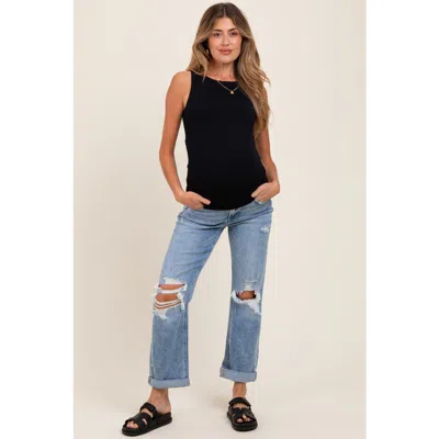 Pinkblush Ripped Knee Rolled Cuff Straight Leg Maternity Jeans In Black