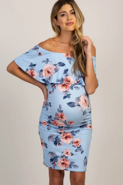 Pinkblush Rose Print Ruffle Fitted Maternity Dress In Blue