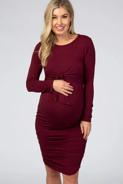 Pinkblush Ruched Fitted Front Bow Maternity/nursing Dress In Burgundy