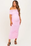 Pinkblush Ruched Mesh Foldover Off Shoulder Maxi Dress