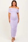 Pinkblush Ruched Mesh Foldover Off Shoulder Maxi Dress In Purple