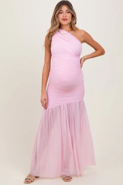 Pinkblush Ruched Mesh One Shoulder Maxi Dress