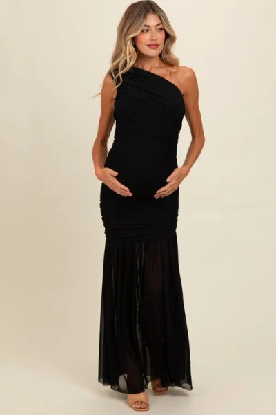Pinkblush Ruched Mesh One Shoulder Maxi Dress In Black