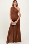Pinkblush Ruched Mesh One Shoulder Maxi Dress In Brown