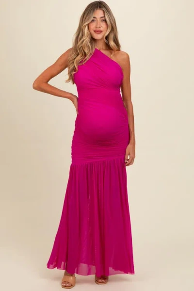 Pinkblush Ruched Mesh One Shoulder Maxi Dress In Purple