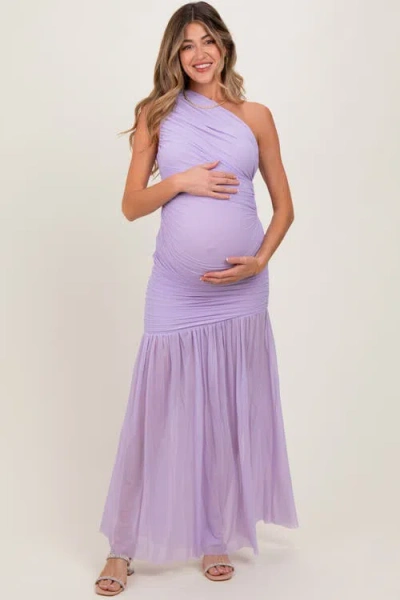 Pinkblush Ruched Mesh One Shoulder Maxi Dress In Purple