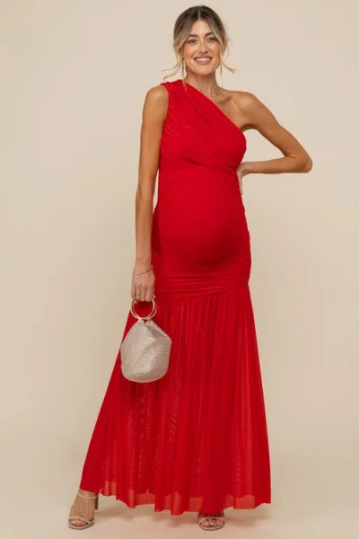 Pinkblush Ruched Mesh One Shoulder Maxi Dress In Red