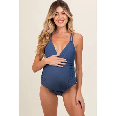 Pinkblush Ruched Side Strappy Cross Back One Piece Swimsuit In Blue