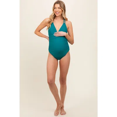 Pinkblush Ruched Side Strappy Cross Back One Piece Swimsuit In Blue