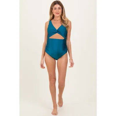 Pinkblush Ruched Sides Front Cutout One Piece Swimsuit In Blue