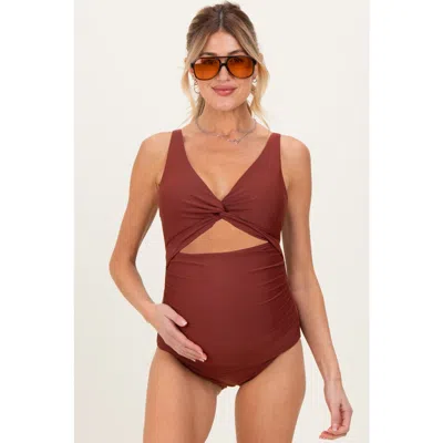 Pinkblush Ruched Sides Front Cutout One Piece Swimsuit In Brown