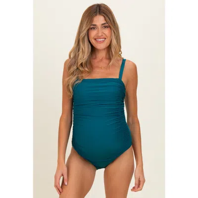 Pinkblush Ruched Square Neck One Piece Swimsuit In Teal
